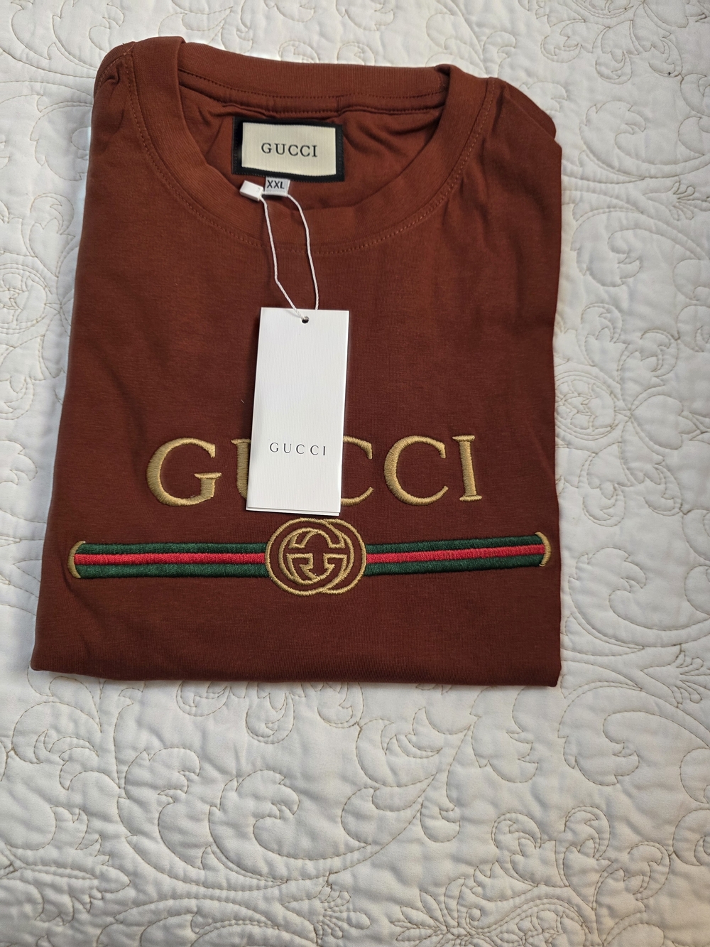 Gucci Rust Brown Logo Tee with Gold Embroidery and Green-Red Stripe